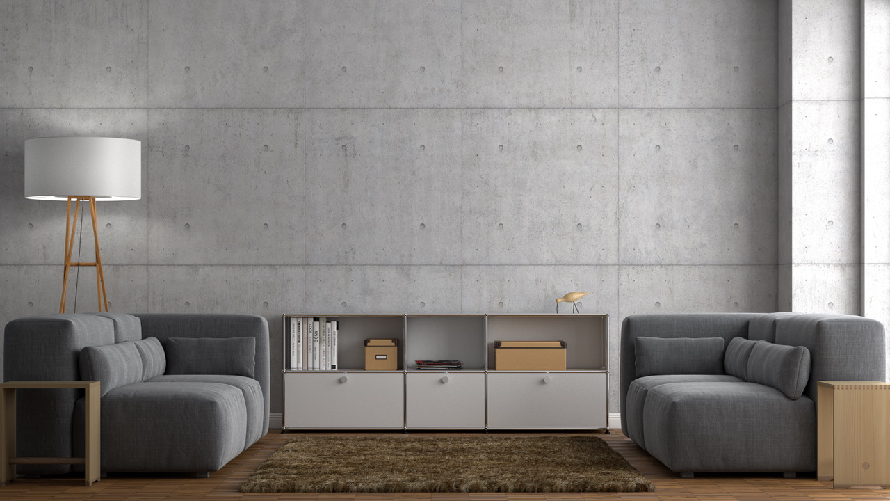 Vorher - Bergpanorama Wohnzimmer Leere Wohnzimmerwand Beton vor Wanddruck Schweiz